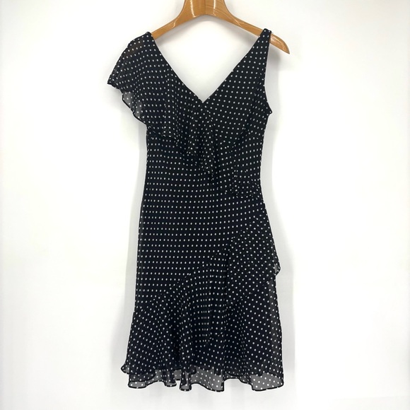 Chaps Black with White Polka Dots Asymmetrical Ruffled Lined Flutter Dress, 8 - Picture 13 of 17